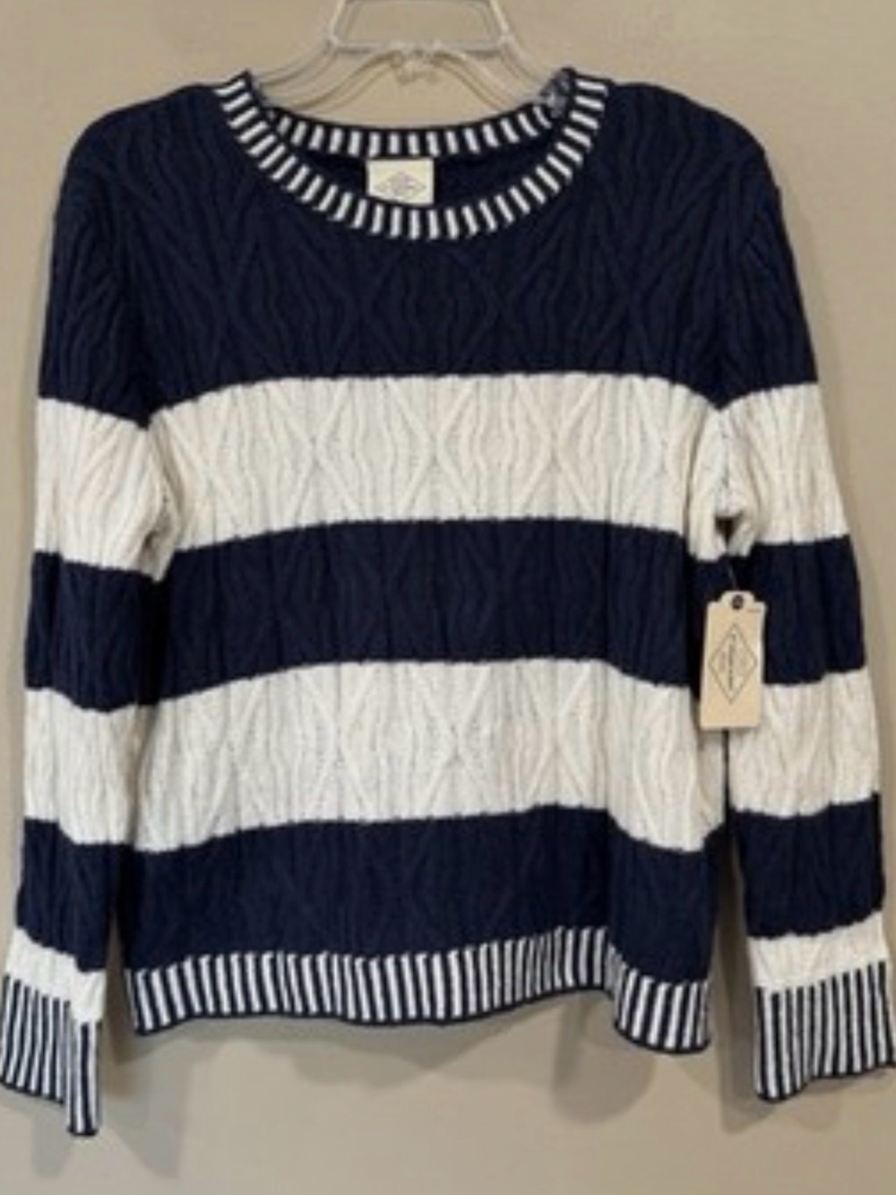St. John's Bay Navy and White Cable-Stripe Crew Sweater